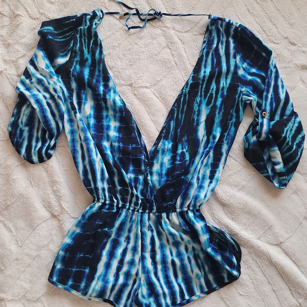 Beach Bunny Blue Black Backless Tie Front Swim Coverup